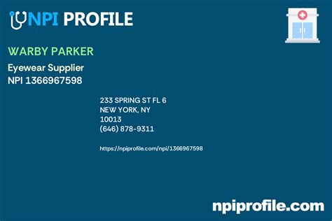 Warby parker npi number - The NPI Enumerator can be reached at (800) 465-3203 or P.O. Box 6059, Fargo, ND 58108 We do not guarantee the accuracy and/or reliability of the contents found on NPIdb.org. Anyone may request NPI and other health care provider information from the HHS under the FOIA. 
